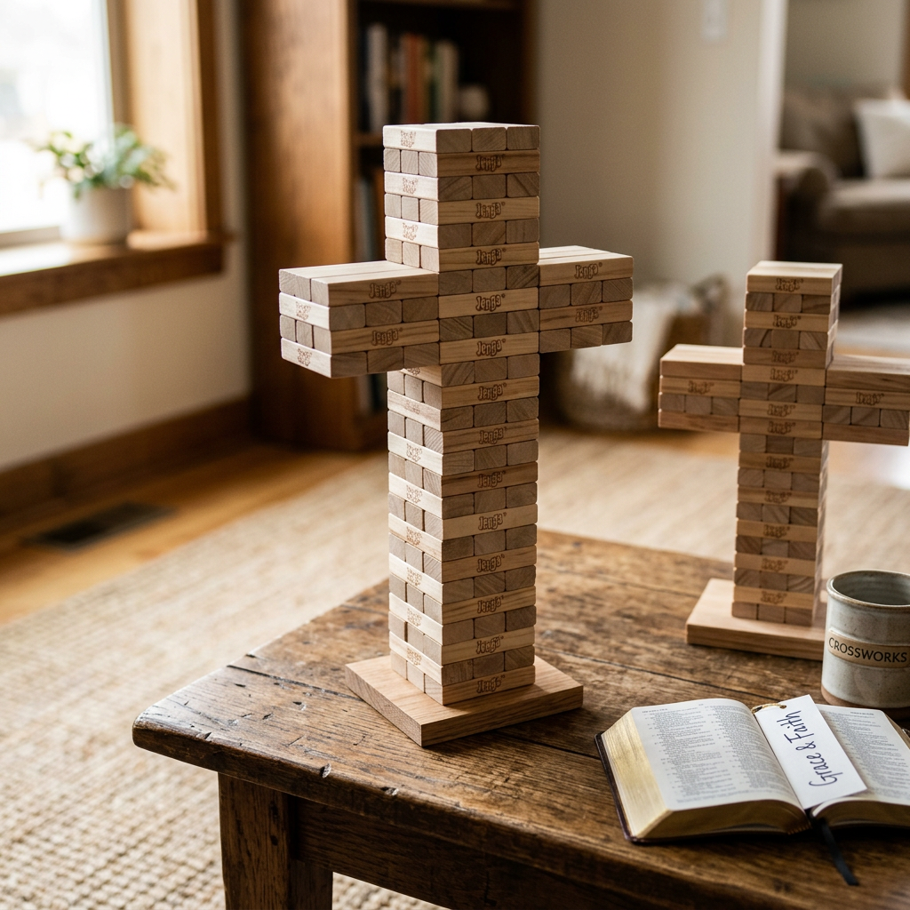 Two wooden Jenga crosses beside an open Bible and coffee mug