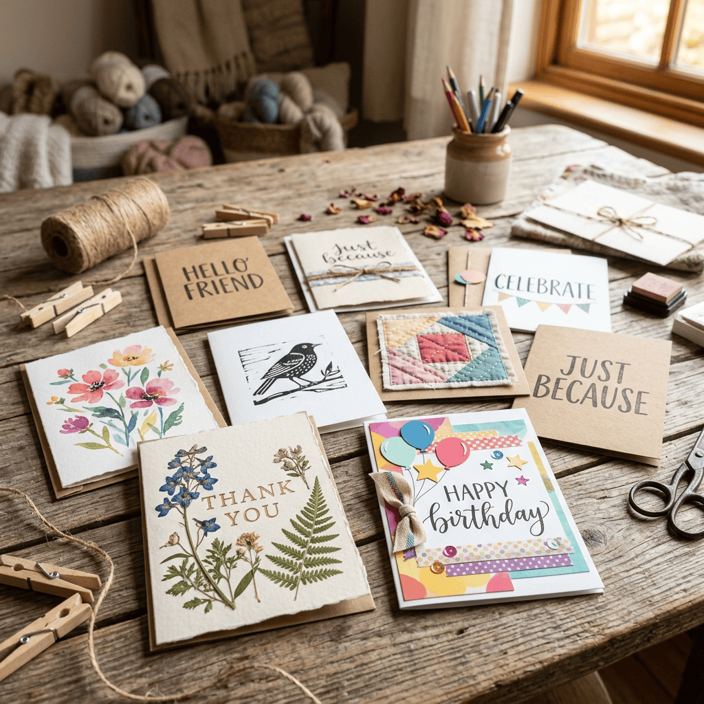 Handmade cards reading Hello Friend, Just Because, Celebrate, Thank You, and Happy Birthday on a wooden craft table