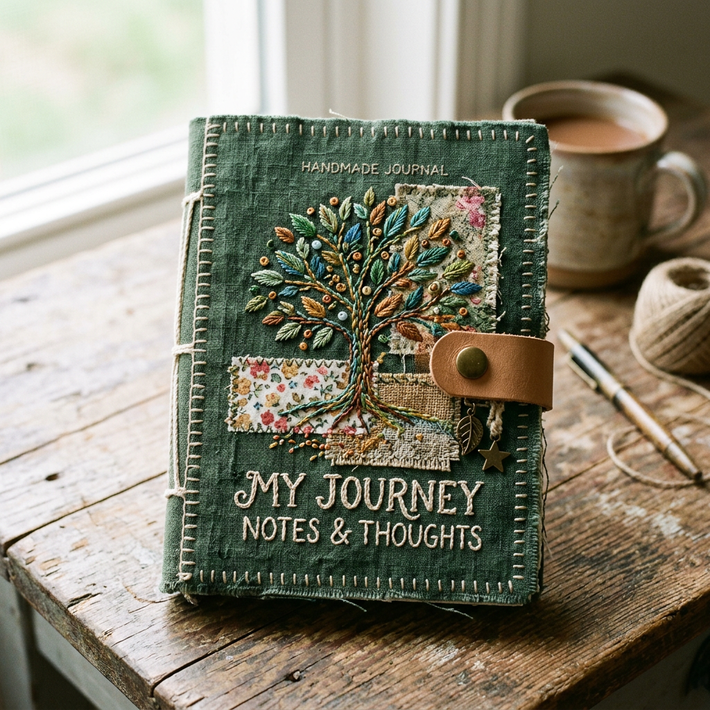 Green embroidered journal reading “MY JOURNEY • NOTES & THOUGHTS”