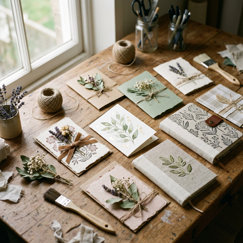 Botanical cards, journals, dried flowers, twine, and painting tools on a wooden table